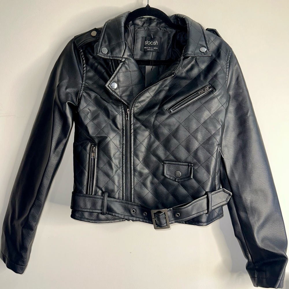 NWT STOOSH Black Quilted‎ Women's Vegan Leather Moto Jacket - medium